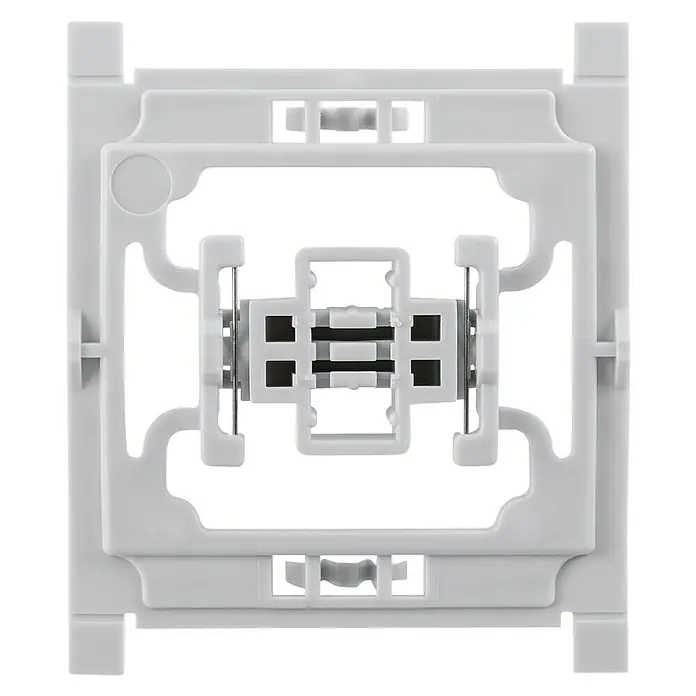 Homematic IP Adapter EQ3-ADA-S - 20 Stk., Passend für: Siemens Schalter DELTA miro/DELTA line/DELTA style - Nahaufnahme einer weißen Netzwerkdose mit quadratischer Form und zentraler Kabeleinführung.