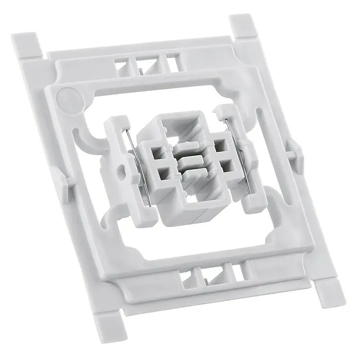 Homematic IP Adapter EQ3-ADA-S - 20 Stk., Passend für: Siemens Schalter DELTA miro/DELTA line/DELTA style - Nahaufnahme eines weißen Trägerrahmens mit Federmechanismus, der für Elektroinstallationen verwendet wird.