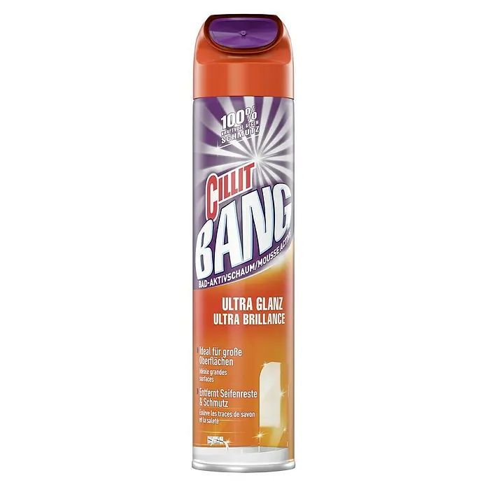 Cillit Bang Aktivschaum-Reiniger Seifenreste & Glanz - 600 ml, Flasche mit Sprühkopf - Eine Dose Cillit Bang Bad-Aktivschaum Ultra Glanz, ein Reinigungsspray für strahlende Sauberkeit im Badezimmer.