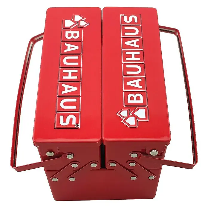 BAUHAUS Werkzeugkasten Box für Gutscheinkarten - L x B x H: 7,8 x 12 x 7,8 cm - Roter Bauhaus-Werkzeugkasten mit Griffen und dem Bauhaus-Logo, ein Must-have für Designliebhaber und Handwerker.