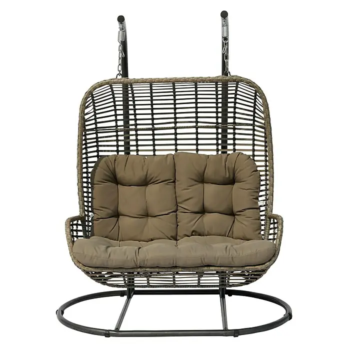 Hamaca colgante doble Tamar - L x An: 160 x 103 cm, Taupe - Elegante silla colgante con cojines marrones. Relájate con diseño moderno para jardín o terraza.
