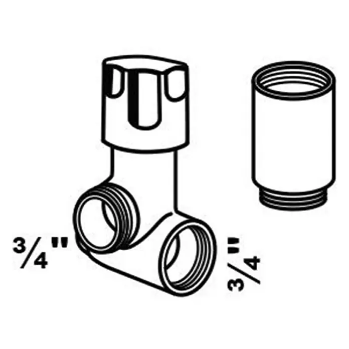 Geräteanschlussventil - ¾″, Metall, Batterie rechts - Darstellung eines Ventils mit einem 3/4-Zoll-Anschluss und einer zylindrischen Hülse, ideal für Sanitäranwendungen und Rohrinstallationen.