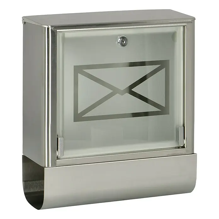 Portaferm Wandbriefkasten Atlanta - L x B x H: 13,8 x 35,5 x 40,2 cm, Silber, Edelstahl, Zeitungsfach - Der moderne Briefkasten aus Edelstahl mit dem Brief-Symbol auf der Tür. Er verfügt über ein Zylinderschloss und ein Zeitungsfach.