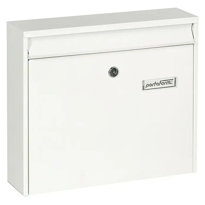Portaferm Wandbriefkasten PF 44 - L x B x H: 10 x 36,2 x 32,2 cm, Weiß, Stahl - Ein schlichter, weißer Briefkasten der Marke Portafirm, ideal für den Außenbereich, präsentiert sich mit Schloss und klarem Design.