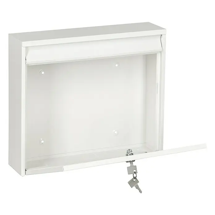 Portaferm Wandbriefkasten PF 44 - L x B x H: 10 x 36,2 x 32,2 cm, Weiß, Stahl - Ein weißer, offener Briefkasten mit Schloss und Schlüsseln. Das Design ist schlicht und modern, ideal für den Außenbereich.
