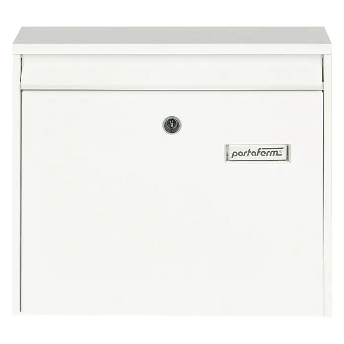 Portaferm Wandbriefkasten PF 44 - L x B x H: 10 x 36,2 x 32,2 cm, Weiß, Stahl - Aufnahme eines weißen Portafarm-Briefkastens, der ein elegantes und funktionales Design für die sichere Postzustellung zeigt.