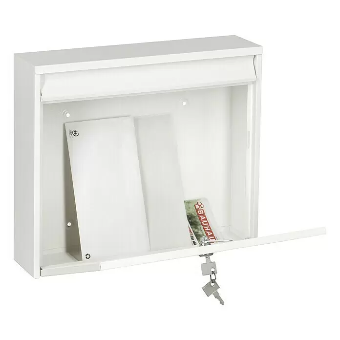 Portaferm Wandbriefkasten PF 44 - L x B x H: 10 x 36,2 x 32,2 cm, Weiß, Stahl - Weißer Metallbriefkasten mit geöffneter Tür, Post und Schlüsseln hängen am Schloss.