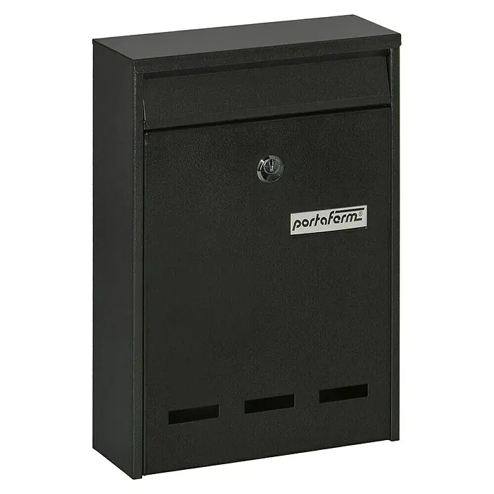 Portaferm Wandbriefkasten PF 11 - L x B x H: 7,5 x 21,5 x 31,5 cm, Grau, Stahl, Sichtfenster - Schwarzer Briefkasten von Portaferm mit Schloss, Einwurfklappe und Sichtschlitzen für Post. Ideal für den Außenbereich.