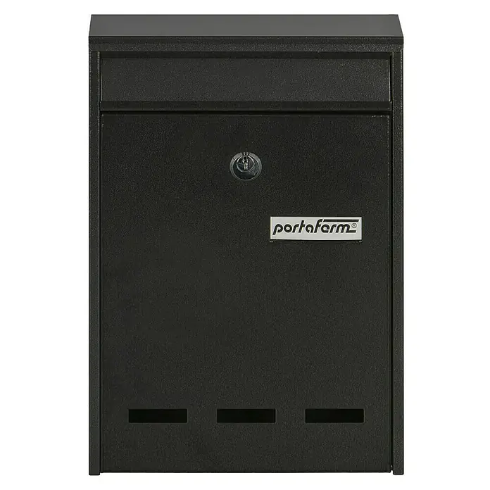 Portaferm Wandbriefkasten PF 11 - L x B x H: 7,5 x 21,5 x 31,5 cm, Grau, Stahl, Sichtfenster - Das Bild zeigt einen schwarzen Briefkasten der Marke Portafarm, der für den Außenbereich geeignet ist und über ein Schloss verfügt.