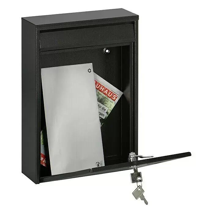 Portaferm Wandbriefkasten PF 11 - L x B x H: 7,5 x 21,5 x 31,5 cm, Grau, Stahl, Sichtfenster - Schwarzer Metallbriefkasten, offen, mit Briefen im Inneren und Schlüsseln am Schloss.