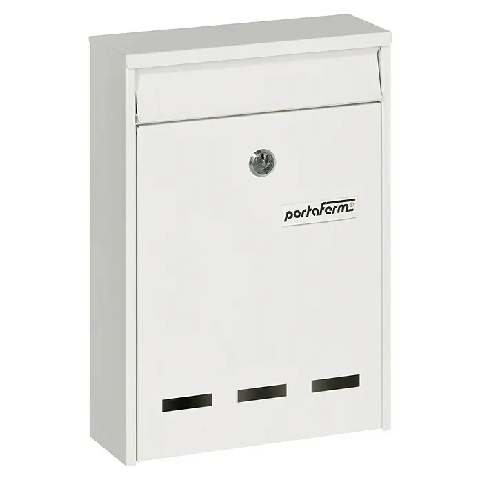 Portaferm Wandbriefkasten PF 11 - L x B x H: 7,5 x 21,5 x 31,5 cm, Weiß, Stahl, Sichtfenster - Ein weißer, abschließbarer Briefkasten von Portafarm mit drei Sichtschlitzen und einem eleganten, modernen Design.