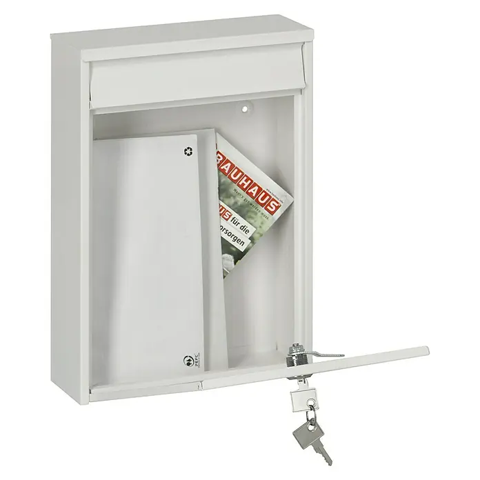 Portaferm Wandbriefkasten PF 11 - L x B x H: 7,5 x 21,5 x 31,5 cm, Weiß, Stahl, Sichtfenster - Das Bild zeigt einen weißen Briefkasten mit geöffneter Tür, in dem sich Post und ein Schlüssel befinden.