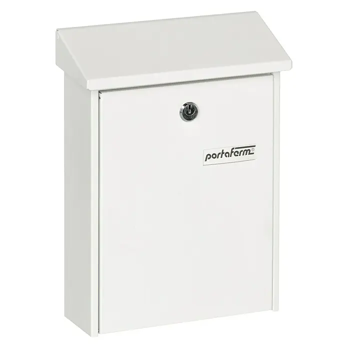 Portaferm Wandbriefkasten PF 22 - L x B x H: 7,5 x 22,5 x 30,5 cm, Weiß, Stahl - Ein weißer Briefkasten mit einem Schloss und dem "Portaferm"-Logo für eine sichere und stilvolle Postzustellung.