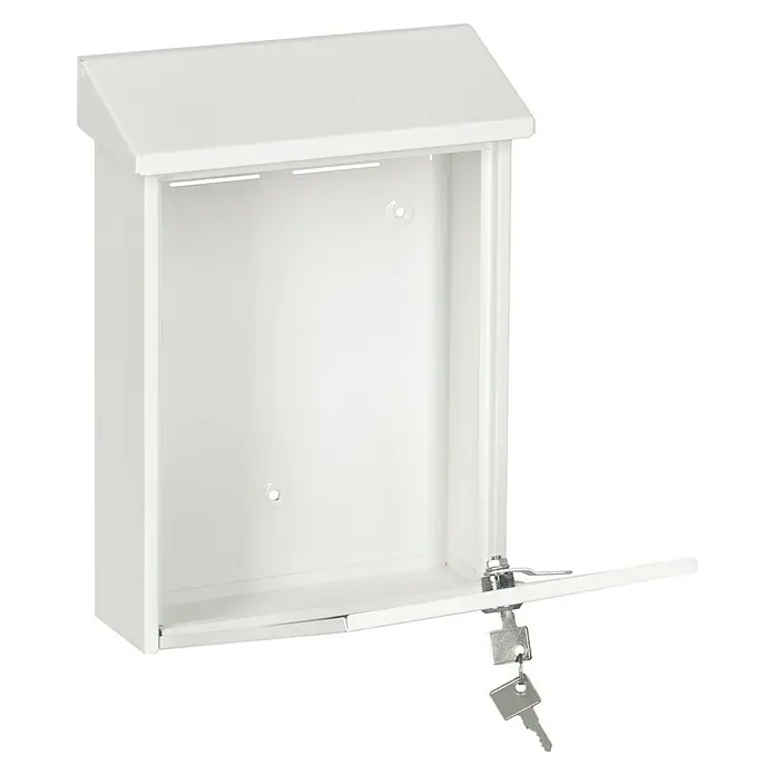 Portaferm Wandbriefkasten PF 22 - L x B x H: 7,5 x 22,5 x 30,5 cm, Weiß, Stahl - Ein weißer, offener Briefkasten mit einem Dach und einem Schlüssel am Schloss. Praktisch und sicher für Ihre Post.
