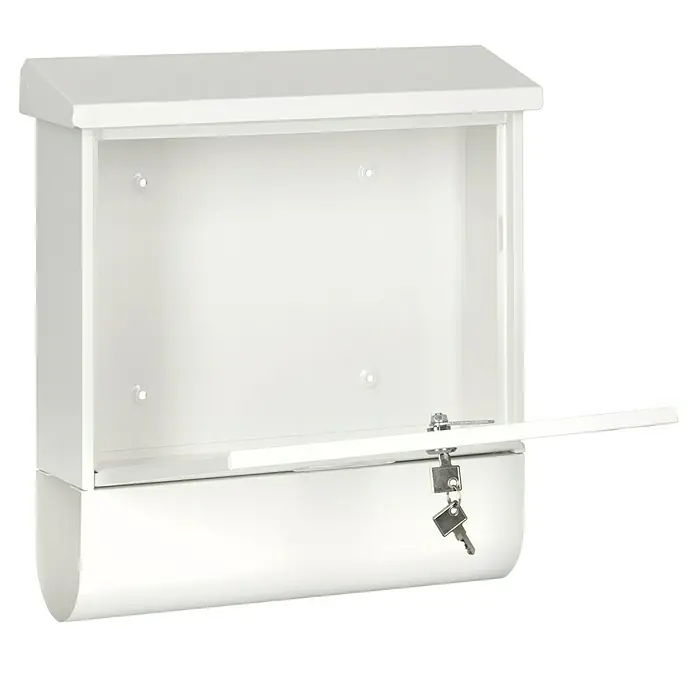 Portaferm Wandbriefkasten PF 77 - L x B x H: 11,5 x 38 x 42,5 cm, Weiß, Stahl, Zeitungsfach - Aufnahme des weißen, offenen Briefkastens mit Schloss und Schlüsseln vor schwarzem Hintergrund.