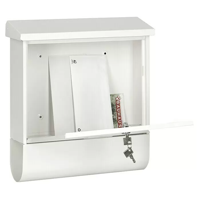 Portaferm Wandbriefkasten PF 77 - L x B x H: 11,5 x 38 x 42,5 cm, Weiß, Stahl, Zeitungsfach - Weißer Metallbriefkasten mit geöffneter Tür, Post und Schlüssel sichtbar.