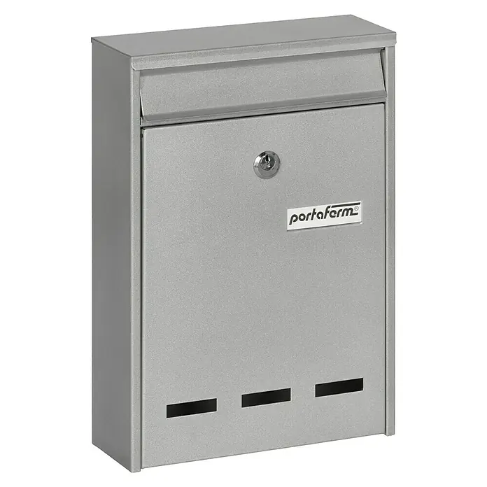 Portaferm Wandbriefkasten PF 11 - L x B x H: 7,5 x 21,5 x 31,5 cm, Silber, Stahl, Sichtfenster - Bild einer silberfarbenen Postbox von Portafarm mit Schloss und Schlitzen. Ideal für den Außenbereich und zur sicheren Aufbewahrung der Post.