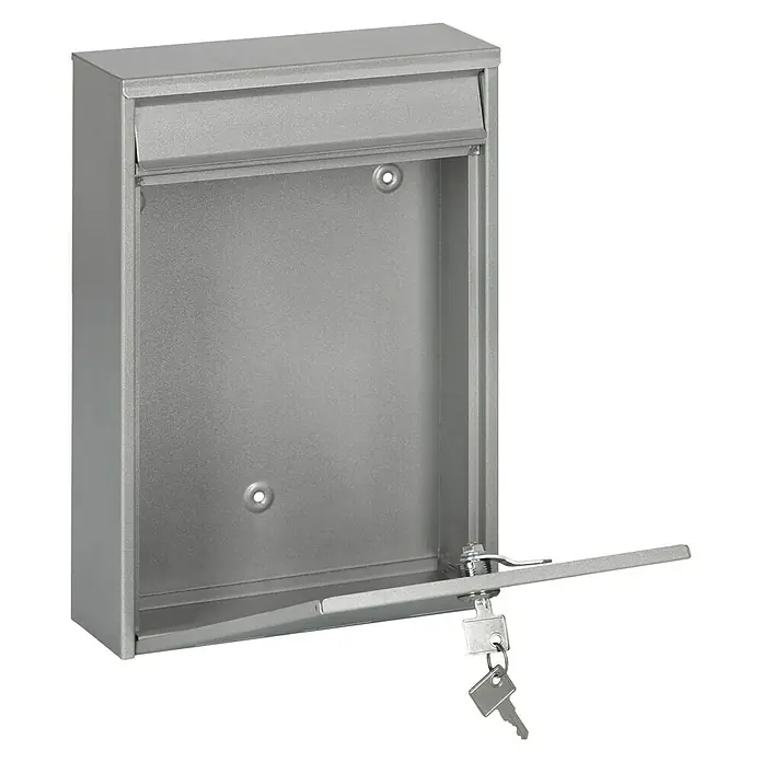 Portaferm Wandbriefkasten PF 11 - L x B x H: 7,5 x 21,5 x 31,5 cm, Silber, Stahl, Sichtfenster - Der silberne Briefkasten ist offen und der Schlüssel steckt im Schloss, um die Post sicher zu verwahren. Robuster Schutz für Ihre Briefe.