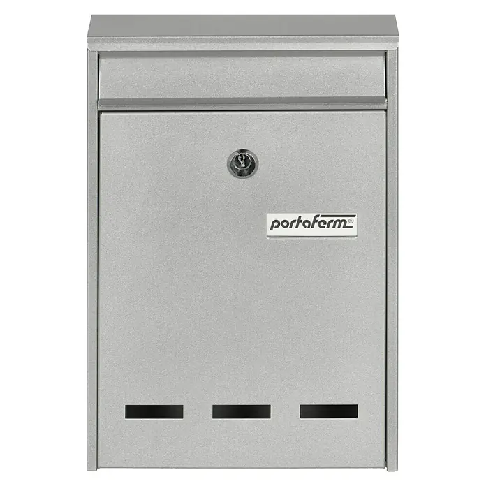 Portaferm Wandbriefkasten PF 11 - L x B x H: 7,5 x 21,5 x 31,5 cm, Silber, Stahl, Sichtfenster - Ein silberner Briefkasten mit Schlüsselloch, Firmenlogo und drei Schlitzen zur Anzeige, ob Post vorhanden ist.