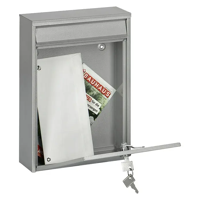 Portaferm Wandbriefkasten PF 11 - L x B x H: 7,5 x 21,5 x 31,5 cm, Silber, Stahl, Sichtfenster - Ein silberner Briefkasten mit einer Zeitschrift der Marke Bauhaus und einem Brief darin, wobei die Tür mit einem Schlüssel geöffnet ist.