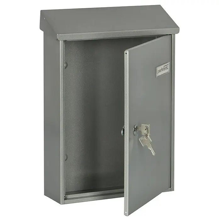 Portaferm Wandbriefkasten PF 33 - L x B x H: 9,2 x 27 x 37 cm, Silber, Stahl - Grauer Briefkasten aus Metall mit offenstehender Tür und Schlüsseln. Das Produkt ist robust und ideal für den Außenbereich geeignet.