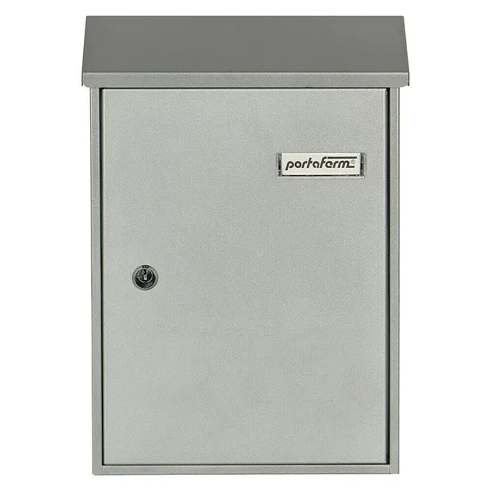 Portaferm Wandbriefkasten PF 33 - L x B x H: 9,2 x 27 x 37 cm, Silber, Stahl - Ein silberner Portafarm-Briefkasten mit einem Schloss und dem Portafarm-Logo. Dieser Briefkasten ist ideal für sichere Postzustellung.