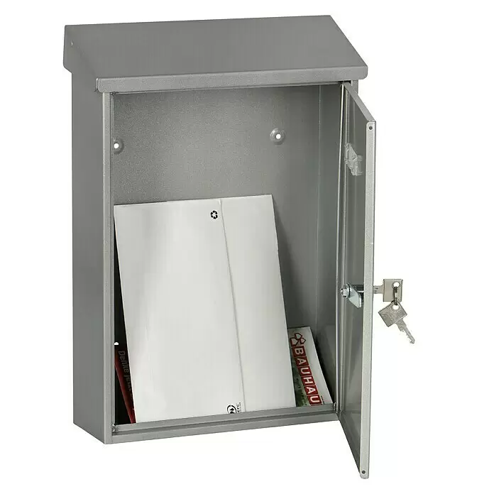 Portaferm Wandbriefkasten PF 33 - L x B x H: 9,2 x 27 x 37 cm, Silber, Stahl - Offener grauer Metallbriefkasten mit Post und Schlüsseln am Schloss.