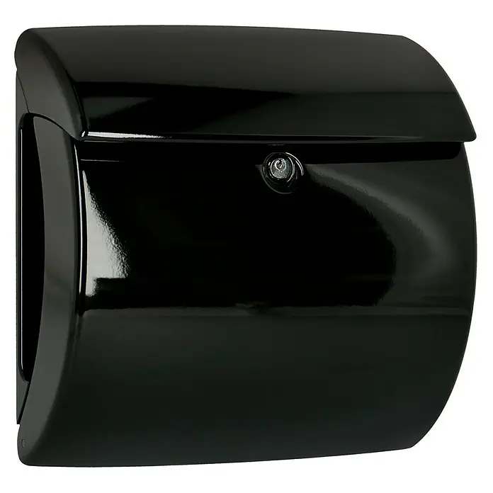 Burg-Wächter Wandbriefkasten Piano 886 - L x B x H: 38 x 17,8 x 40 cm, Schwarz, Kunststoff, Zeitungsfach - Eine glänzende, schwarze Wandbriefkasten mit einem Schloss in der Mitte der Klappe ist auf dem Bild zu sehen.