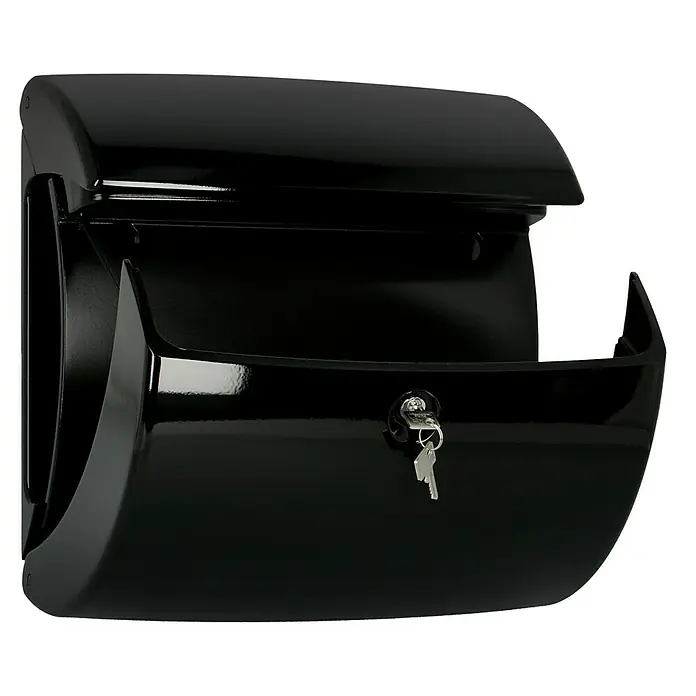 Burg-Wächter Wandbriefkasten Piano 886 - L x B x H: 38 x 17,8 x 40 cm, Schwarz, Kunststoff, Zeitungsfach - Abbildung eines schwarzen, abschließbaren Wandbriefkastens aus Metall. Er ist mit einem Schloss und zwei Schlüsseln versehen.