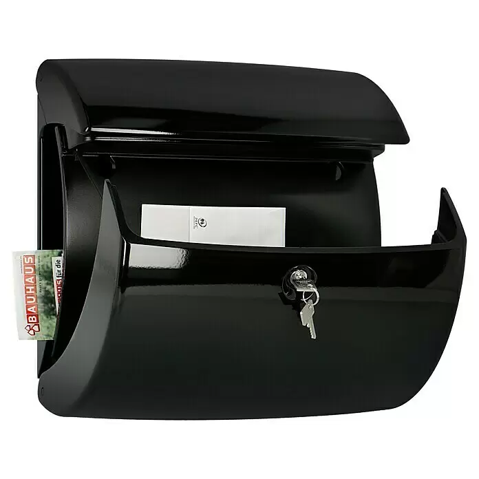Burg-Wächter Wandbriefkasten Piano 886 - L x B x H: 38 x 17,8 x 40 cm, Schwarz, Kunststoff, Zeitungsfach - Glänzender schwarzer Briefkasten mit gebogenem Deckel, Bauhaus-Prospekt und Brief darin, Schlüssel im Schloss.