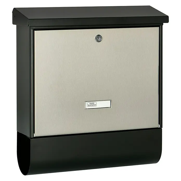 Burg-Wächter Wandbriefkasten London 68670 - L x B x H: 37,7 x 11,5 x 42 cm, Schwarz/Edelstahl, Stahl, Zeitungsfach - Ein moderner Burg Wächter Briefkasten mit silberner Klappe und schwarzem Gehäuse. Der Briefkasten ist robust und wetterfest.