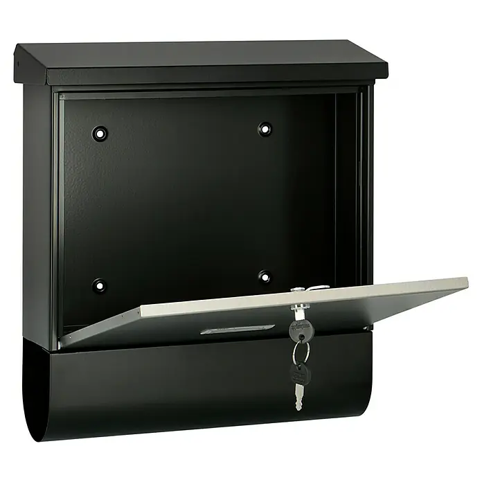 Burg-Wächter Wandbriefkasten London 68670 - L x B x H: 37,7 x 11,5 x 42 cm, Schwarz/Edelstahl, Stahl, Zeitungsfach - Ein detailreiches Bild eines offenen, schwarzen Briefkastens mit Schlüsseln. Perfekt für die sichere Aufbewahrung Ihrer Post.