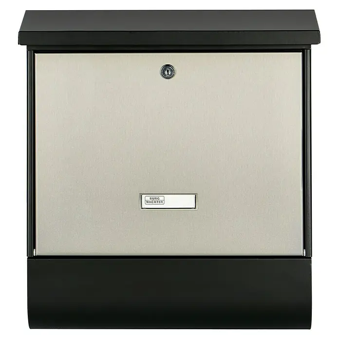 Burg-Wächter Wandbriefkasten London 68670 - L x B x H: 37,7 x 11,5 x 42 cm, Schwarz/Edelstahl, Stahl, Zeitungsfach - Nahaufnahme eines modernen Burg Wächter Briefkastens mit klarem Design und sicherer Verriegelung, ideal für den Außenbereich.