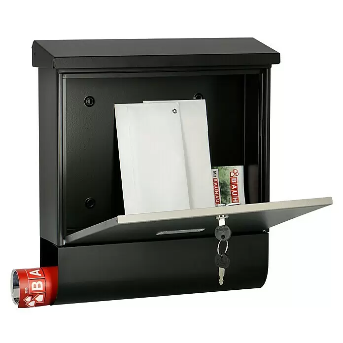 Burg-Wächter Wandbriefkasten London 68670 - L x B x H: 37,7 x 11,5 x 42 cm, Schwarz/Edelstahl, Stahl, Zeitungsfach - Schwarzer Briefkasten mit geöffneter Tür, zeigt Post und eine gerollte Zeitschrift im unteren Fach. Schlüssel hängen am Schloss.