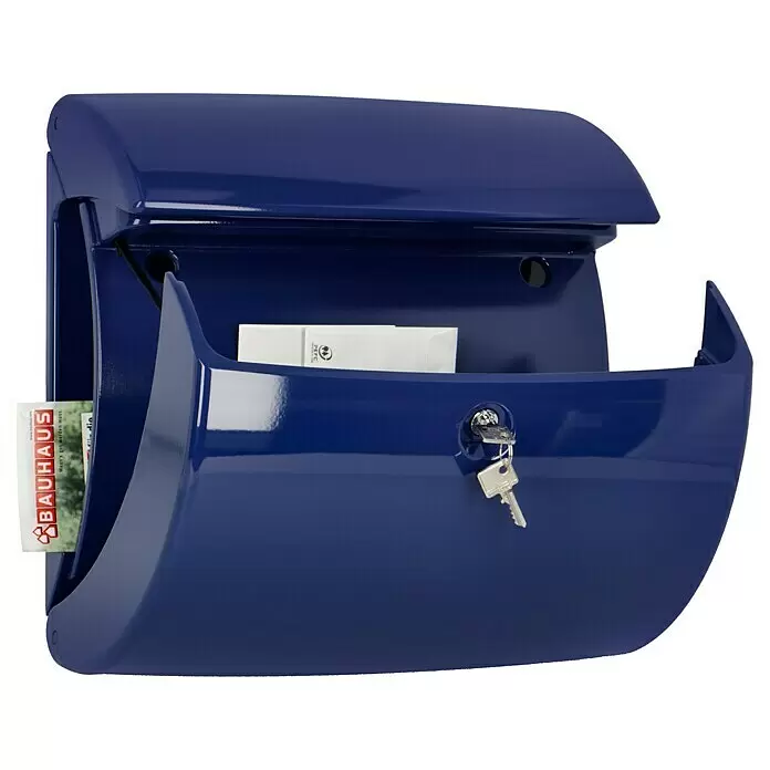 Burg-Wächter Wandbriefkasten Piano 886 - L x B x H: 38 x 17,8 x 40 cm, Marineblau, Kunststoff, Zeitungsfach - Blauer Metallbriefkasten mit Schlüssel im Schloss und Bauhaus-Flyer innen.