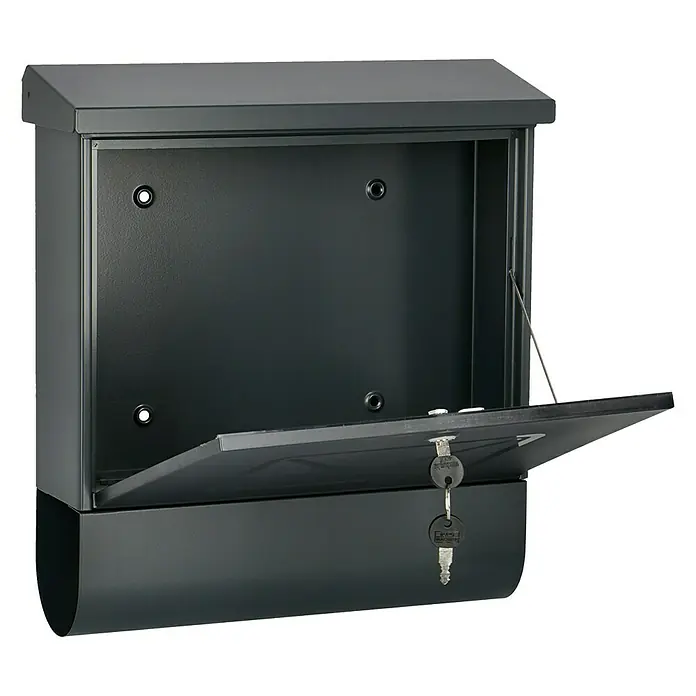 Burg-Wächter Wandbriefkasten Lucenta - L x B x H: 11,5 x 38 x 42,5 cm, Anthrazit, Stahl, Zeitungsfach - Abgebildeter, offener Briefkasten mit Schlüssel, robust und wetterfest, ideal zur sicheren Aufbewahrung Ihrer Post. Solide Verarbeitung für lange Haltbarkeit.