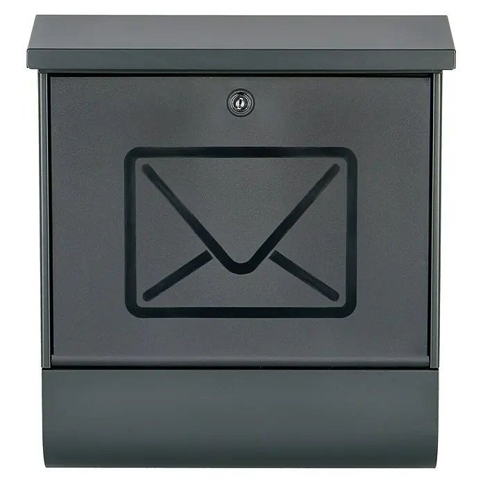 Burg-Wächter Wandbriefkasten Lucenta - L x B x H: 11,5 x 38 x 42,5 cm, Anthrazit, Stahl, Zeitungsfach - Ein anthraziefarbener Briefkasten mit einem Briefumschlag-Symbol auf der Vorderseite und einem Schloss.
