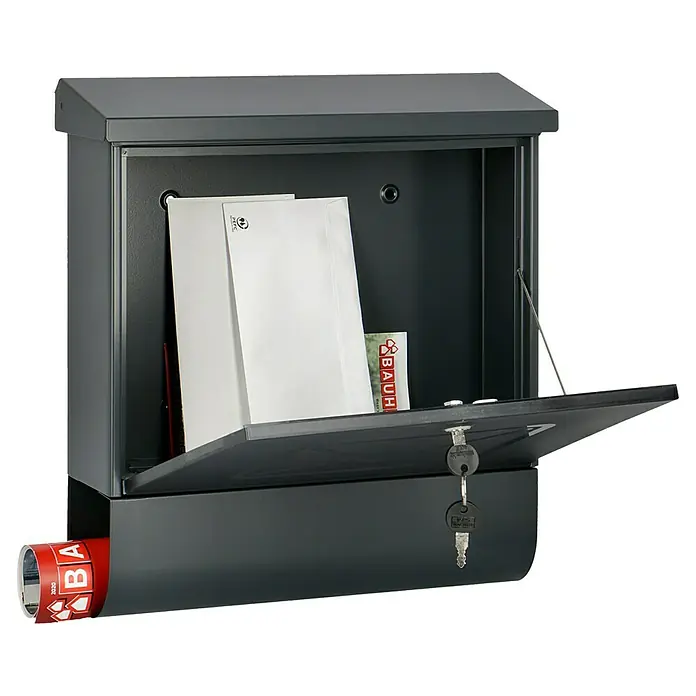 Burg-Wächter Wandbriefkasten Lucenta - L x B x H: 11,5 x 38 x 42,5 cm, Anthrazit, Stahl, Zeitungsfach - Geöffneter, grauer Briefkasten mit Briefen, einer Zeitschrift und einem Schlüsselbund. Ideal für den Empfang Ihrer Post.