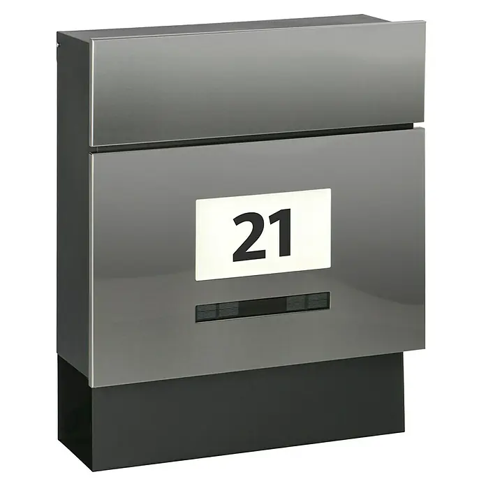 Portaferm Wandbriefkasten Quintus Solar - L x B x H: 14,5 x 39,5 x 48 cm, Edelstahl, Stahl, Zeitungsfach - Ein moderner, silberner Briefkasten mit der Nummer 21 in schwarzer Schrift, perfekt für stilvolle Hauseingänge.