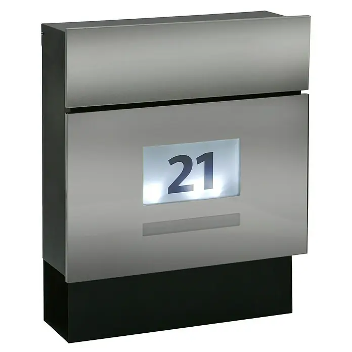 Portaferm Wandbriefkasten Quintus Solar - L x B x H: 14,5 x 39,5 x 48 cm, Edelstahl, Stahl, Zeitungsfach - Ein moderner Briefkasten aus Edelstahl mit der Hausnummer 21, der Funktionalität und modernes Design vereint.