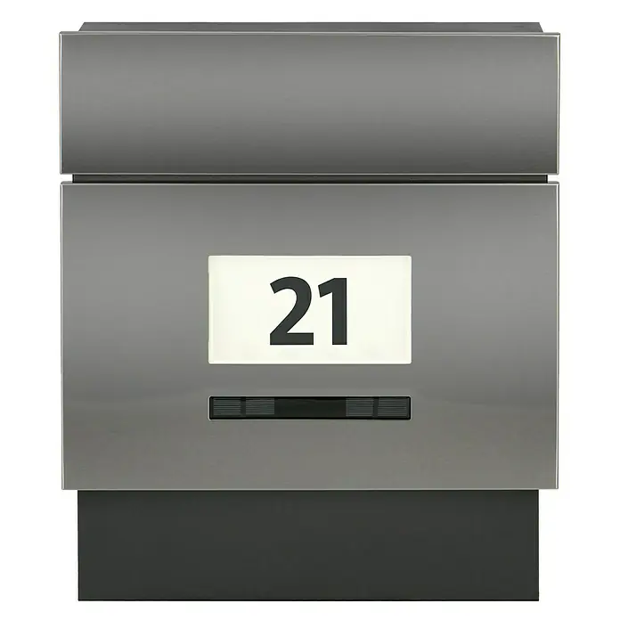 Portaferm Wandbriefkasten Quintus Solar - L x B x H: 14,5 x 39,5 x 48 cm, Edelstahl, Stahl, Zeitungsfach - Moderne Briefkastenanlage mit der Hausnummer 21, stilvolles Design für den Eingangsbereich.