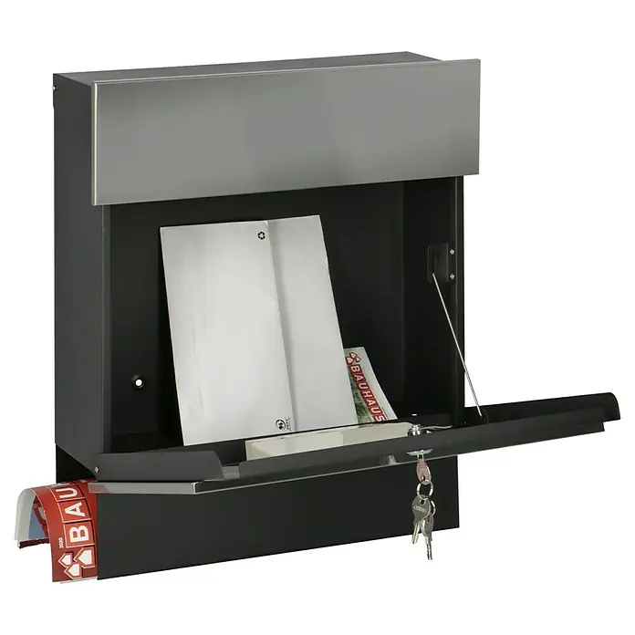 Portaferm Wandbriefkasten Quintus Solar - L x B x H: 14,5 x 39,5 x 48 cm, Edelstahl, Stahl, Zeitungsfach - Geöffneter Briefkasten aus Edelstahl mit Zeitungen und Briefen.