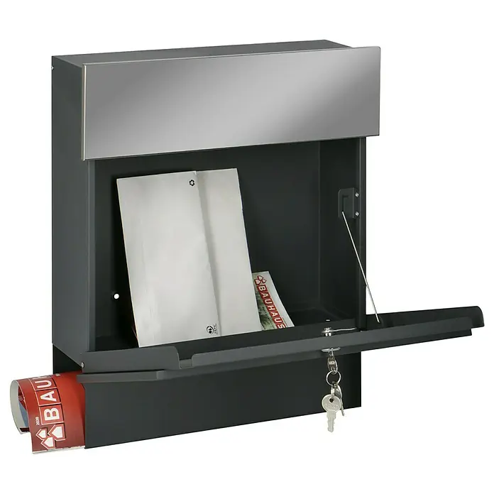 Portaferm Wandbriefkasten Quintus - L x B x H: 14,5 x 39,5 x 48 cm, Grau, Stahl, Zeitungsfach - Dieser Briefkasten ist aus hochwertigem, wetterfestem Material gefertigt und bietet ausreichend Platz für Briefe und Zeitungen.