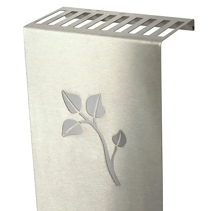 Szagato Heizkörperverkleidung Leaves - 20 x 60 cm, Edelstahl, Matt, 1 Stk. - Eine elegante, gebürstete Messerscheide aus Edelstahl mit einem zarten Blätterdesign und praktischen Schlitzen zur Aufbewahrung.
