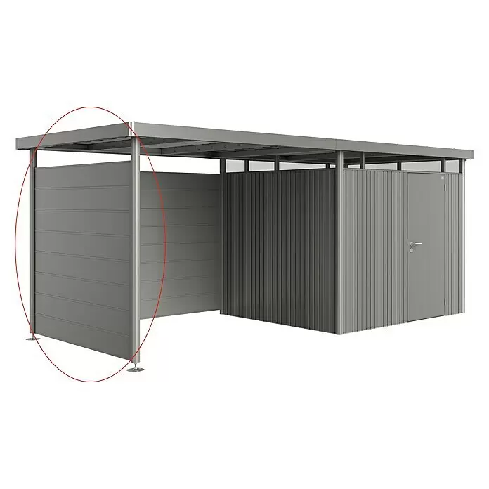 Biohort HighLine Seitenwand H3 - Quarzgrau Metallic - Grauer Metall-Unterstand mit teilweise offener Seite und geschlossenem Abstellbereich.