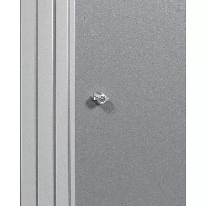 Biohort Zusatzschloss - Passend für: Biohort Mülltonnenbox Alex, 2 Stk. - Silber-grauer Metallschrank-Verriegelungsmechanismus. Drehriegelverschluss auf texturierter Metalloberfläche.