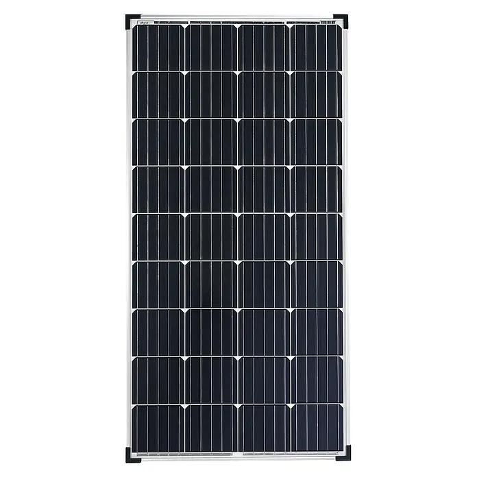 Offgridtec Solarmodul 0% MwSt. (gem. § 12 Abs. 3 UStG) - Nennleistung: 150 W, 114 x 68 x 3,5 cm, 1 Stk. - Nahaufnahme eines Solarmoduls mit mehreren rechteckigen Solarzellen, das saubere Energie erzeugt. Die Paneele sind in einem silbernen Rahmen eingefasst.