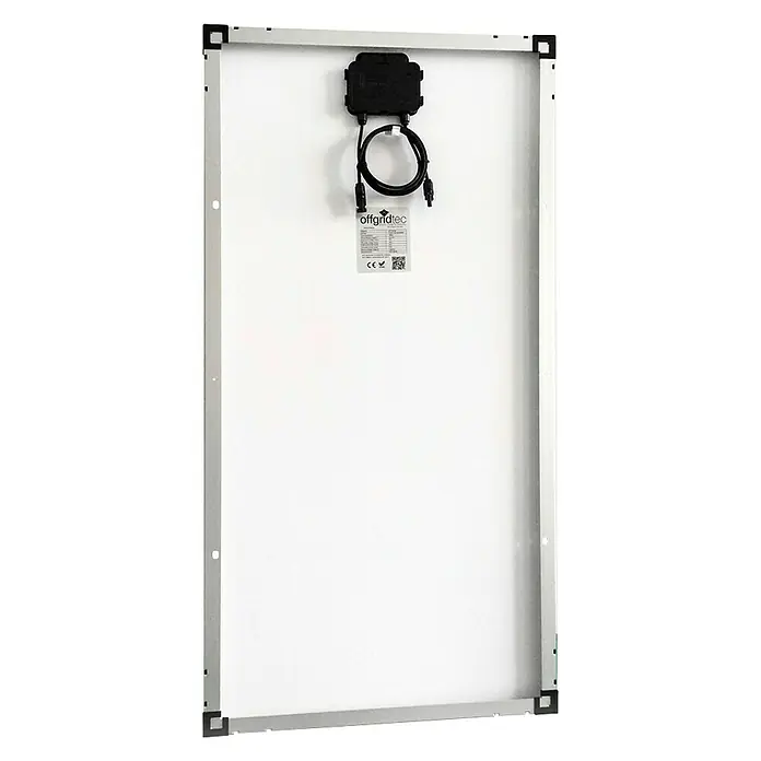 Offgridtec Solarmodul 0% MwSt. (gem. § 12 Abs. 3 UStG) - Nennleistung: 150 W, 114 x 68 x 3,5 cm, 1 Stk. - Rückseite eines Offgridtec Solarmoduls mit Anschlussdose und Kabeln, ideal für autarke Stromversorgung.\n