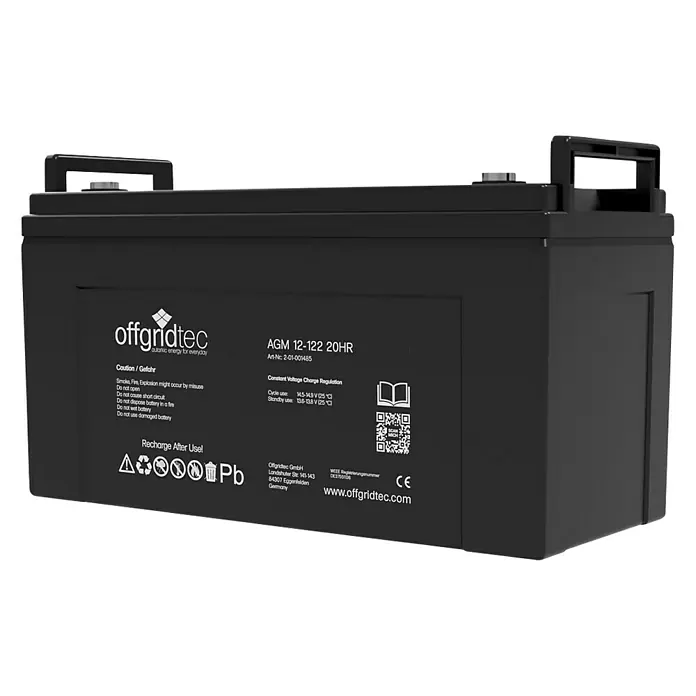 Offgridtec Solarbatterie - 122 Ah, 12 V - Schwarze Offgridtec AGM 12-122 20HR Batterie für zuverlässige Energieversorgung, ideal für Solaranlagen und autarke Systeme.