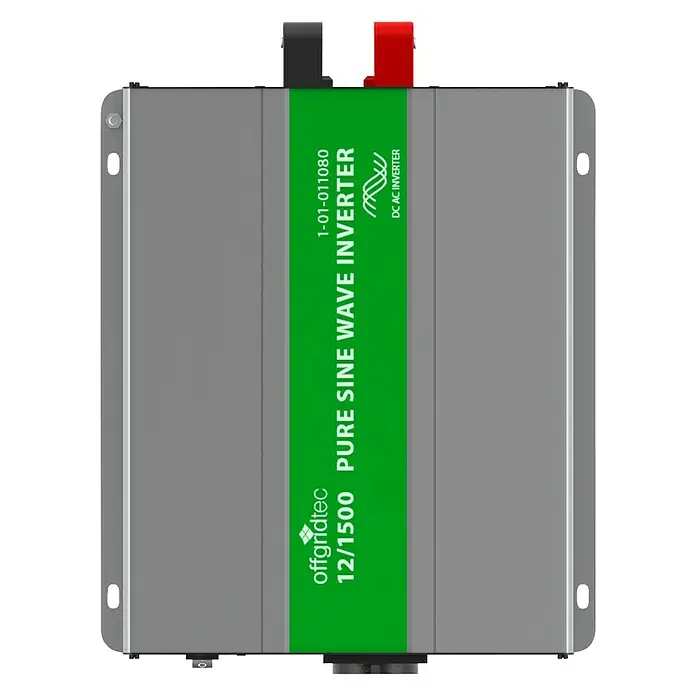 Offgridtec Spannungswandler PSI 12-1500 - Ausgangsspannung: 230 V - Das Bild zeigt einen Offgridtec 12/1500 Pure Sine Wave Inverter, ein Gerät zur Umwandlung von Gleichstrom in Wechselstrom.